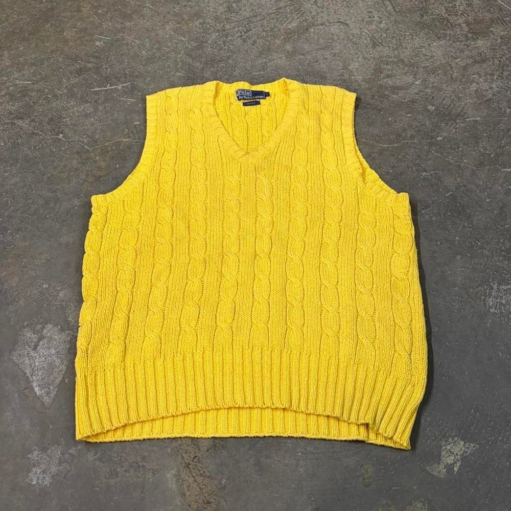 Polo Ralph Lauren Yellow Cable Knit Sweater Vest 100% Silk Vintage 2000s Mens S